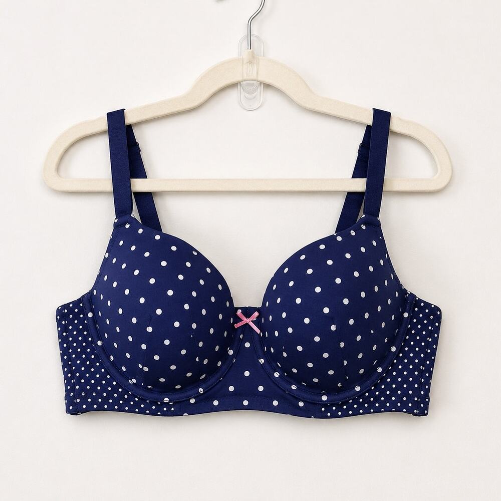 Cacique Lightly Lined T-Shirt Bra Navy White Polka Dot 40C Pin Up